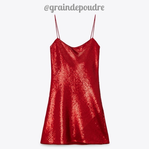 Zara Red Sequin Spaghetti Strap Back Cowl Drape Mini Slip Dress XS S - Picture 3 of 6